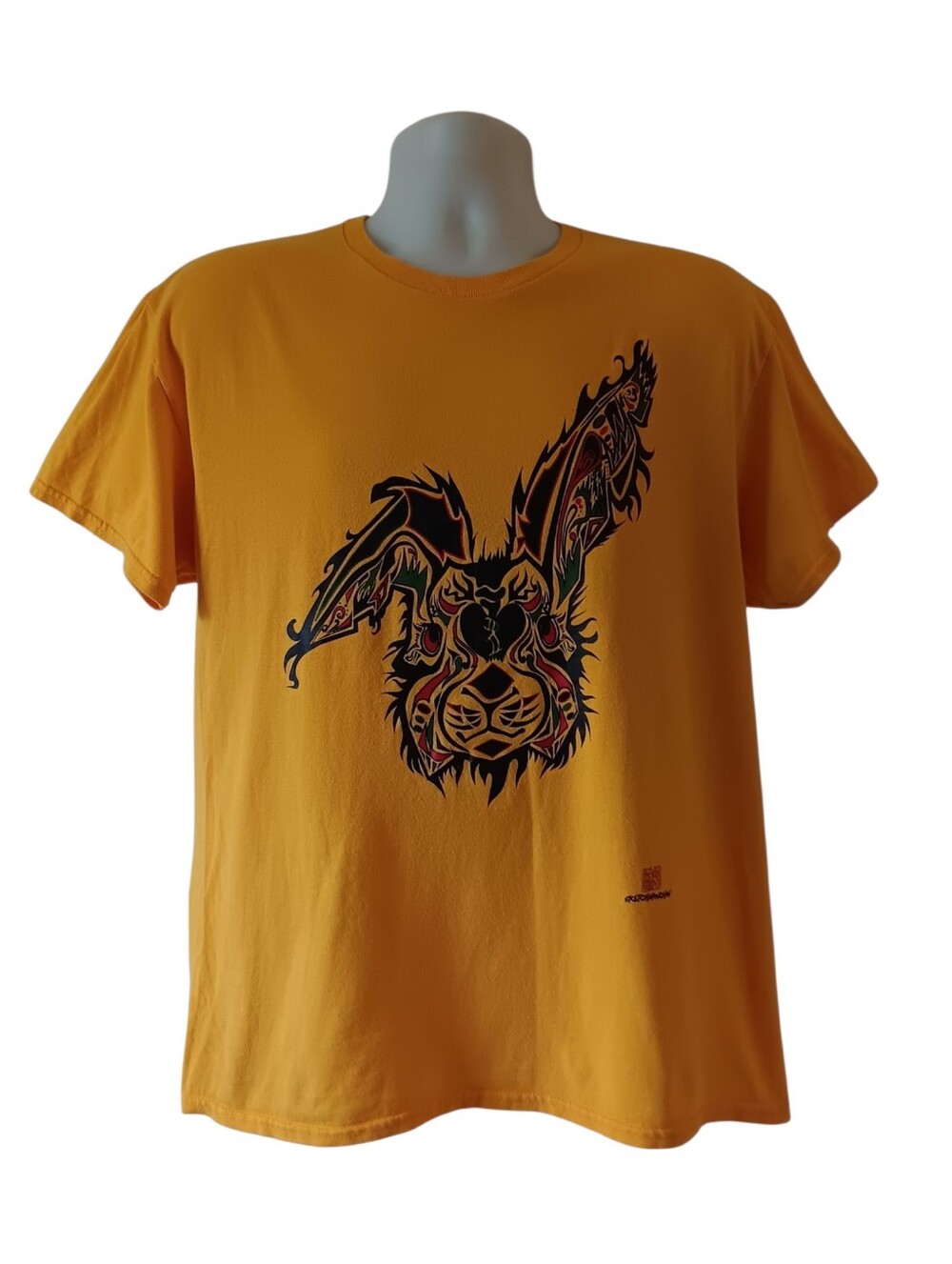 Custom Ink men's yellow tribal art rabbit graphic short-sleeve t-shirt size L